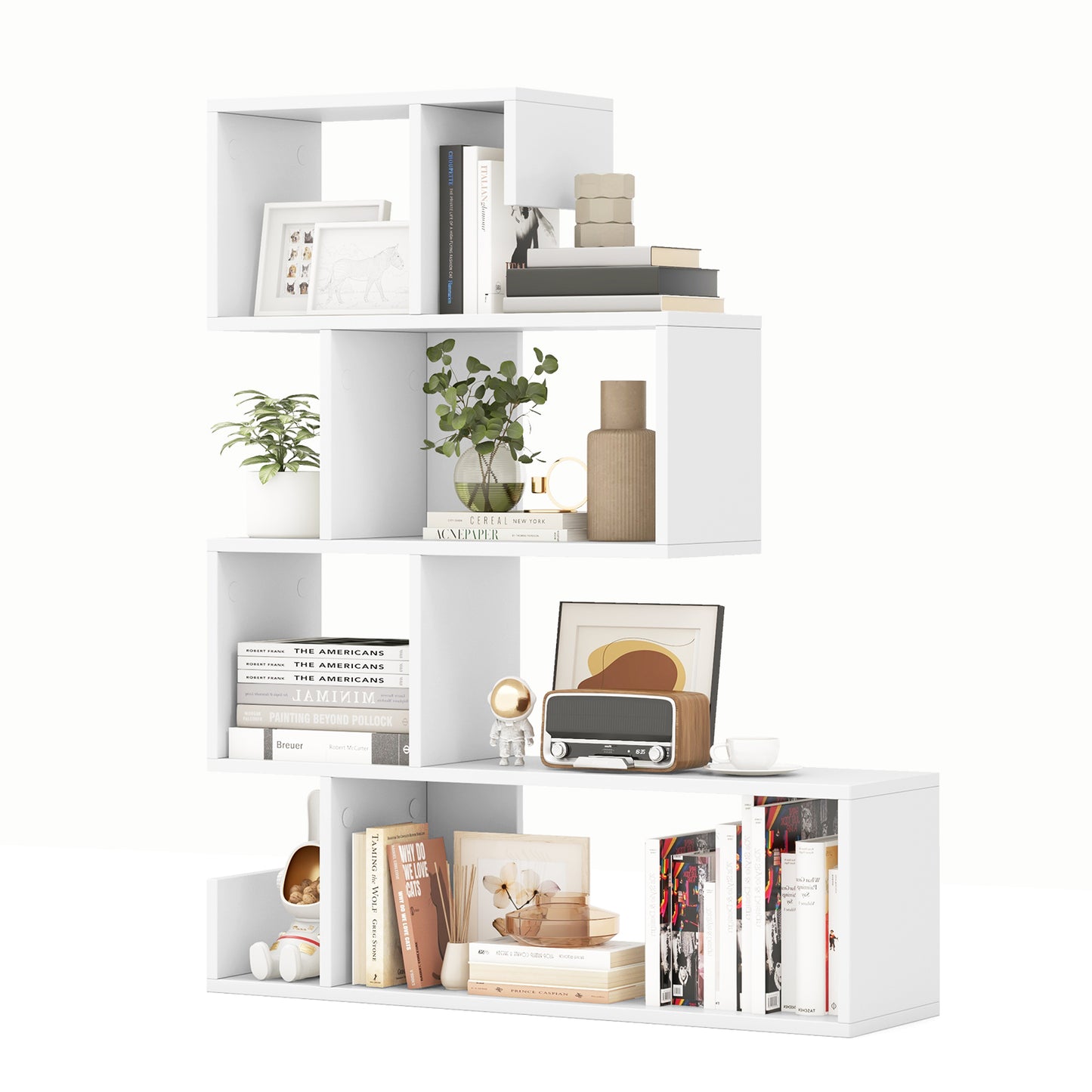 5-Tier S-Shaped Bookshelf Geometric Z-Shelf Bookcase with Open Cubes-White Kids Crystal