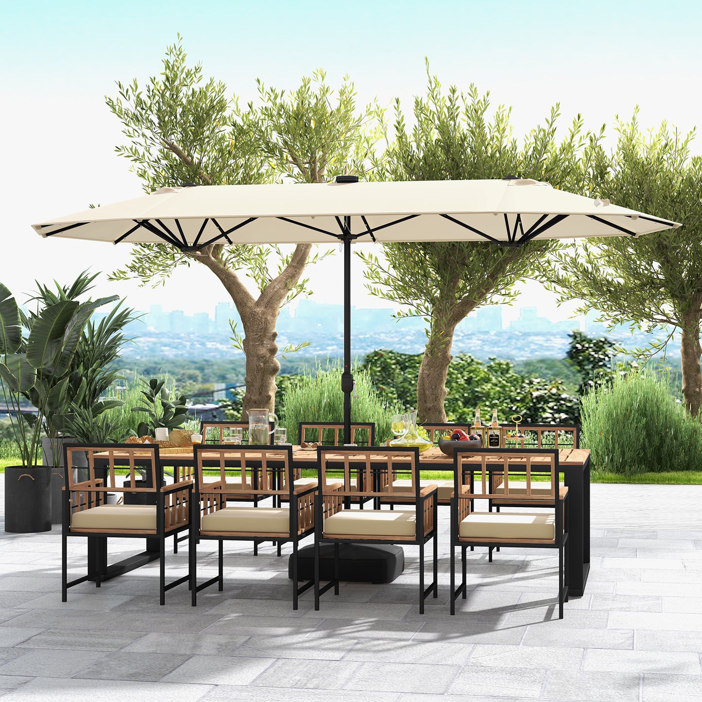 13FT Double-sided Patio Umbrella with Solar Lights for Garden Pool Backyard-Beige Kids Crystal