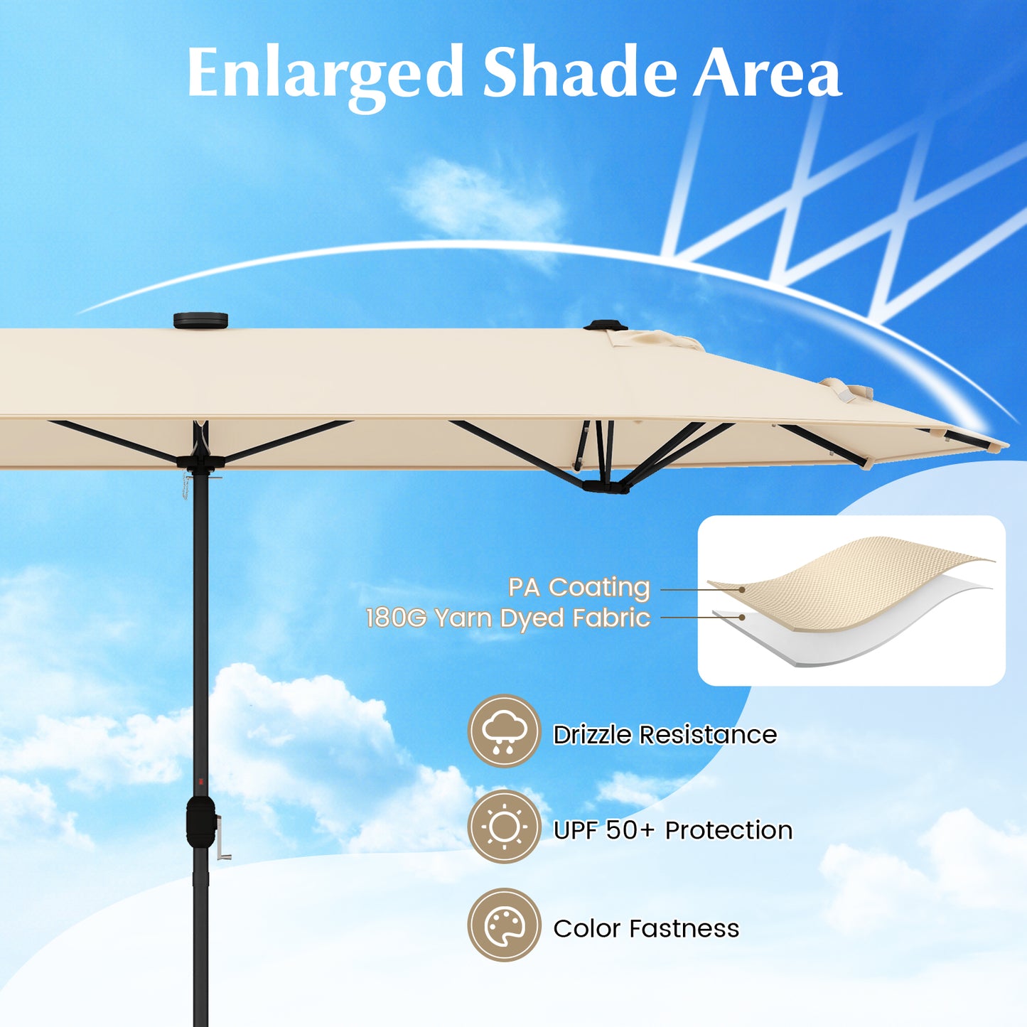 13FT Double-sided Patio Umbrella with Solar Lights for Garden Pool Backyard-Beige Kids Crystal