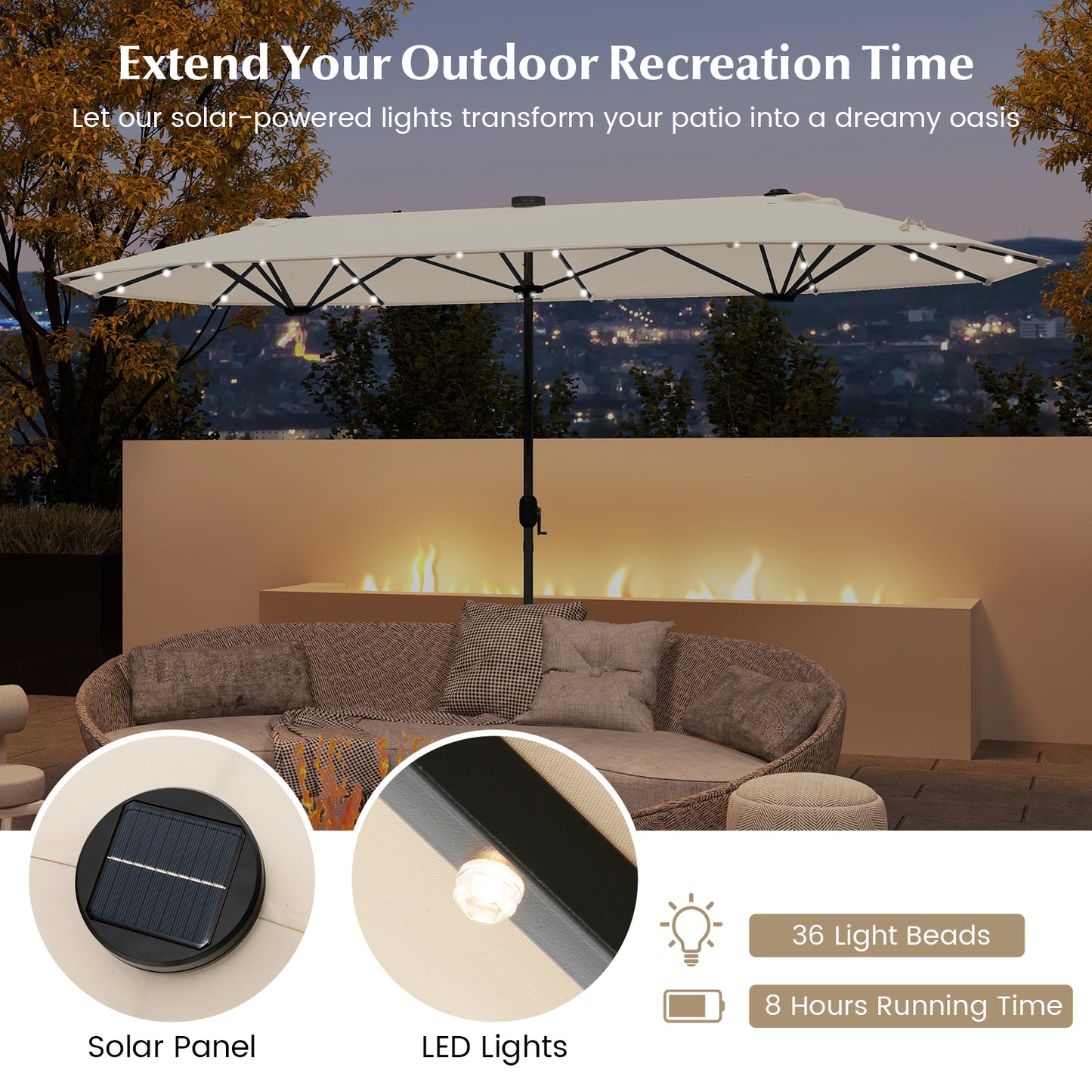 13FT Double-sided Patio Umbrella with Solar Lights for Garden Pool Backyard-Beige Kids Crystal