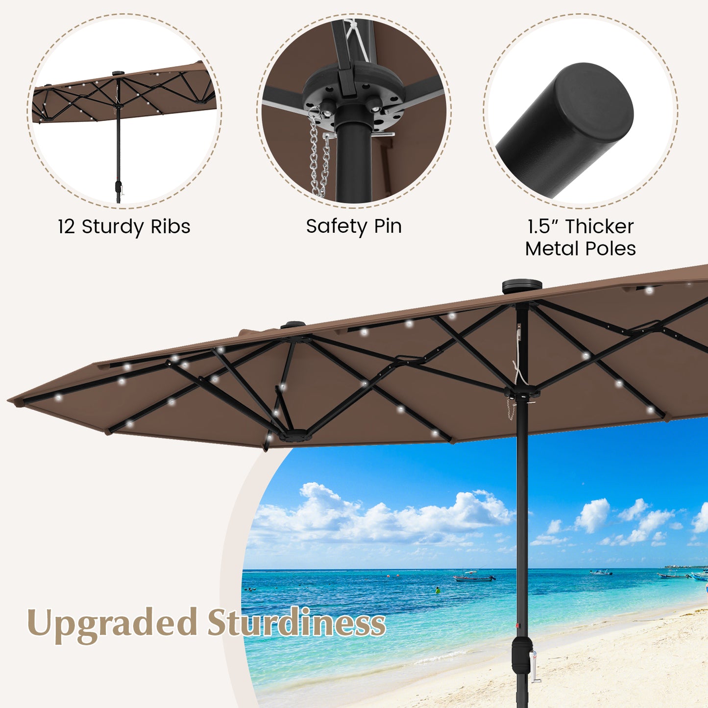 13FT Double-sided Patio Umbrella with Solar Lights for Garden Pool Backyard-Coffee Kids Crystal