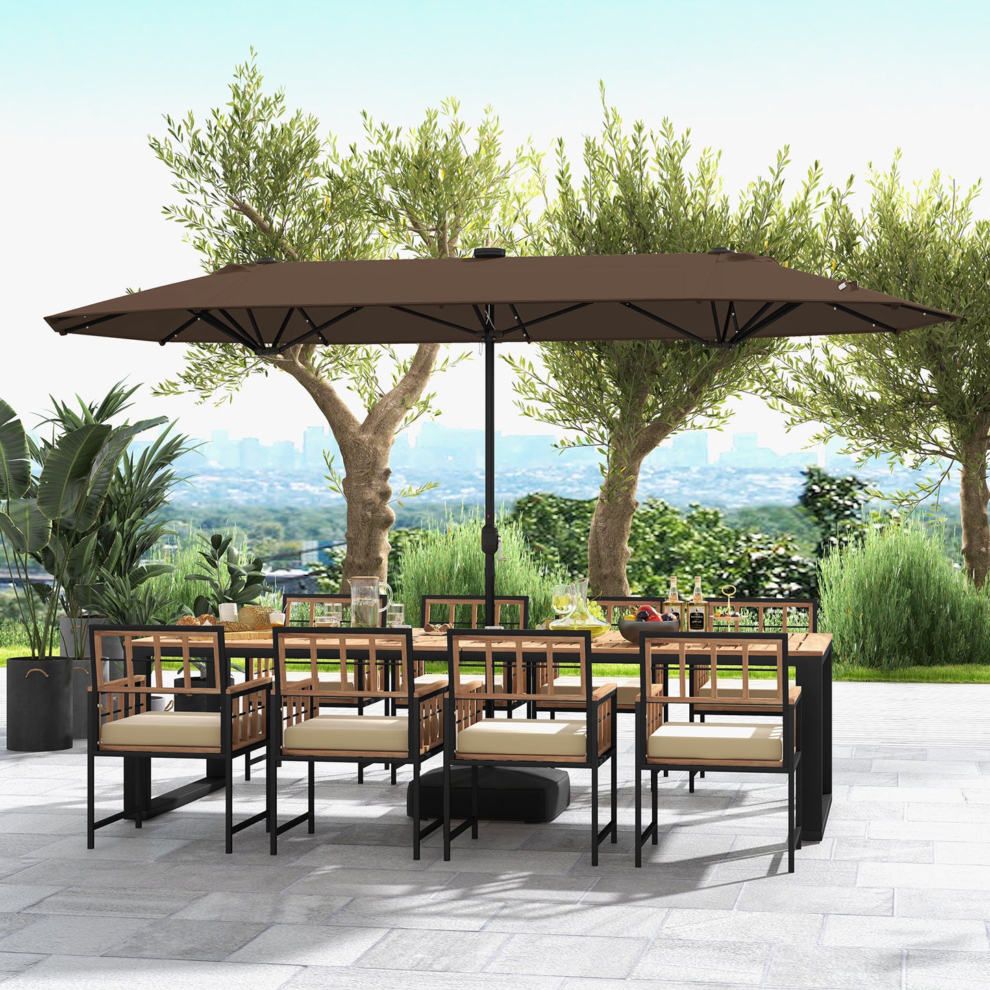 13FT Double-sided Patio Umbrella with Solar Lights for Garden Pool Backyard-Coffee Kids Crystal