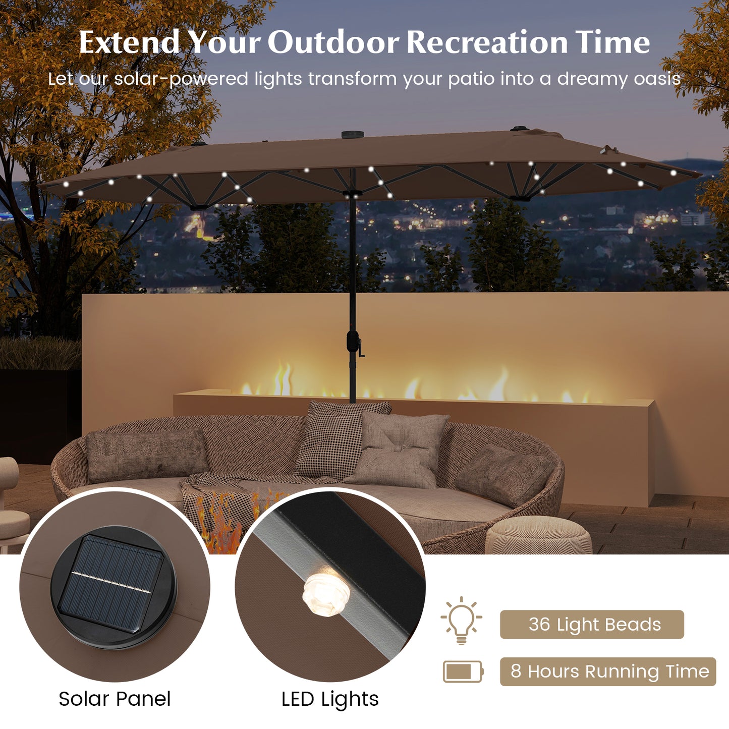 13FT Double-sided Patio Umbrella with Solar Lights for Garden Pool Backyard-Coffee Kids Crystal