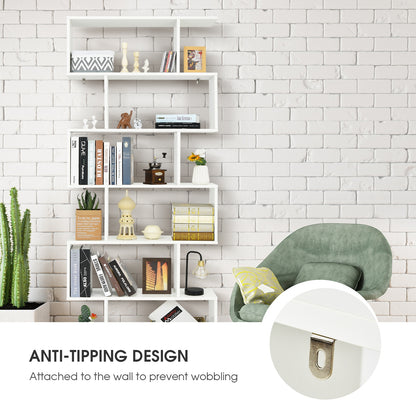 6 Tier S-Shaped Bookshelf Storage Display Bookcase Decor Z-Shelf-White