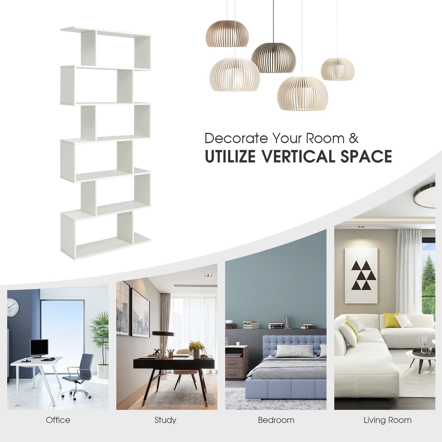 6 Tier S-Shaped Bookshelf Storage Display Bookcase Decor Z-Shelf-White Kids Crystal