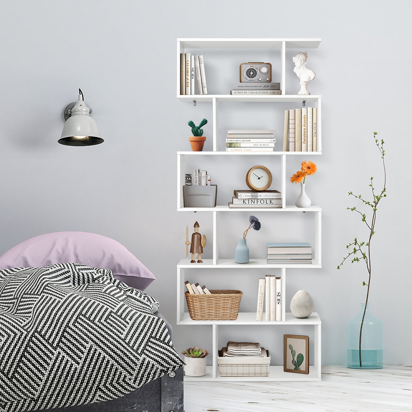 6 Tier S-Shaped Bookshelf Storage Display Bookcase Decor Z-Shelf-White Kids Crystal