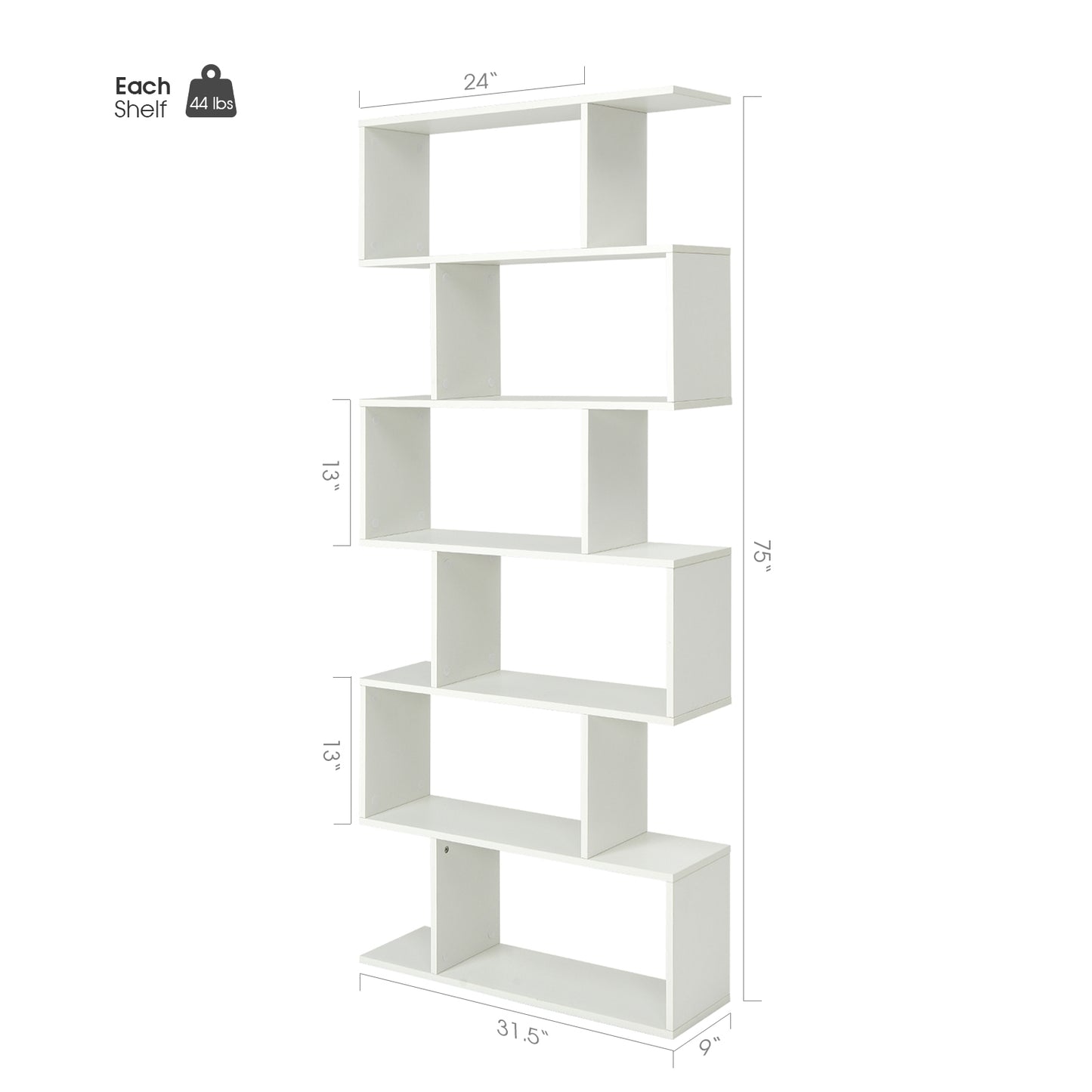 6 Tier S-Shaped Bookshelf Storage Display Bookcase Decor Z-Shelf-White Kids Crystal