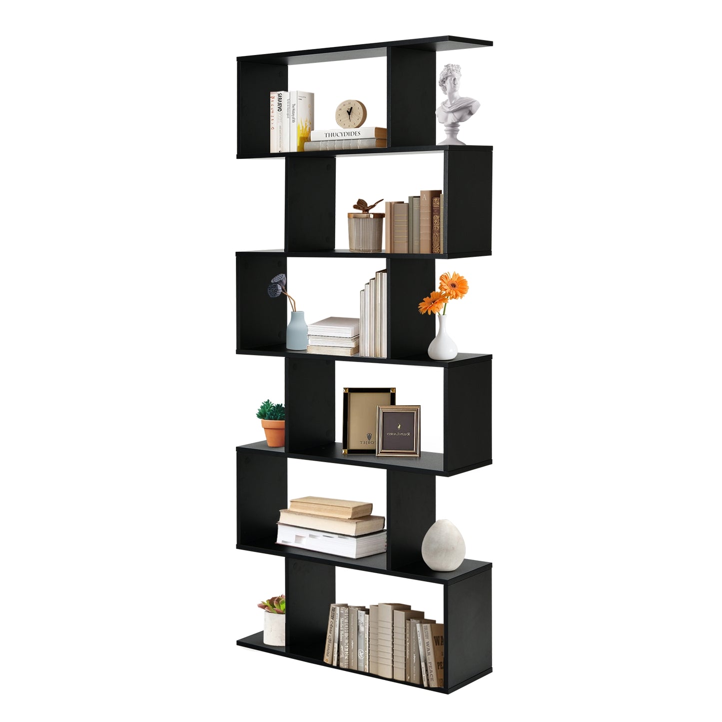 6 Tier S-Shaped Bookshelf Storage Display Bookcase Decor Z-Shelf-Black Kids Crystal
