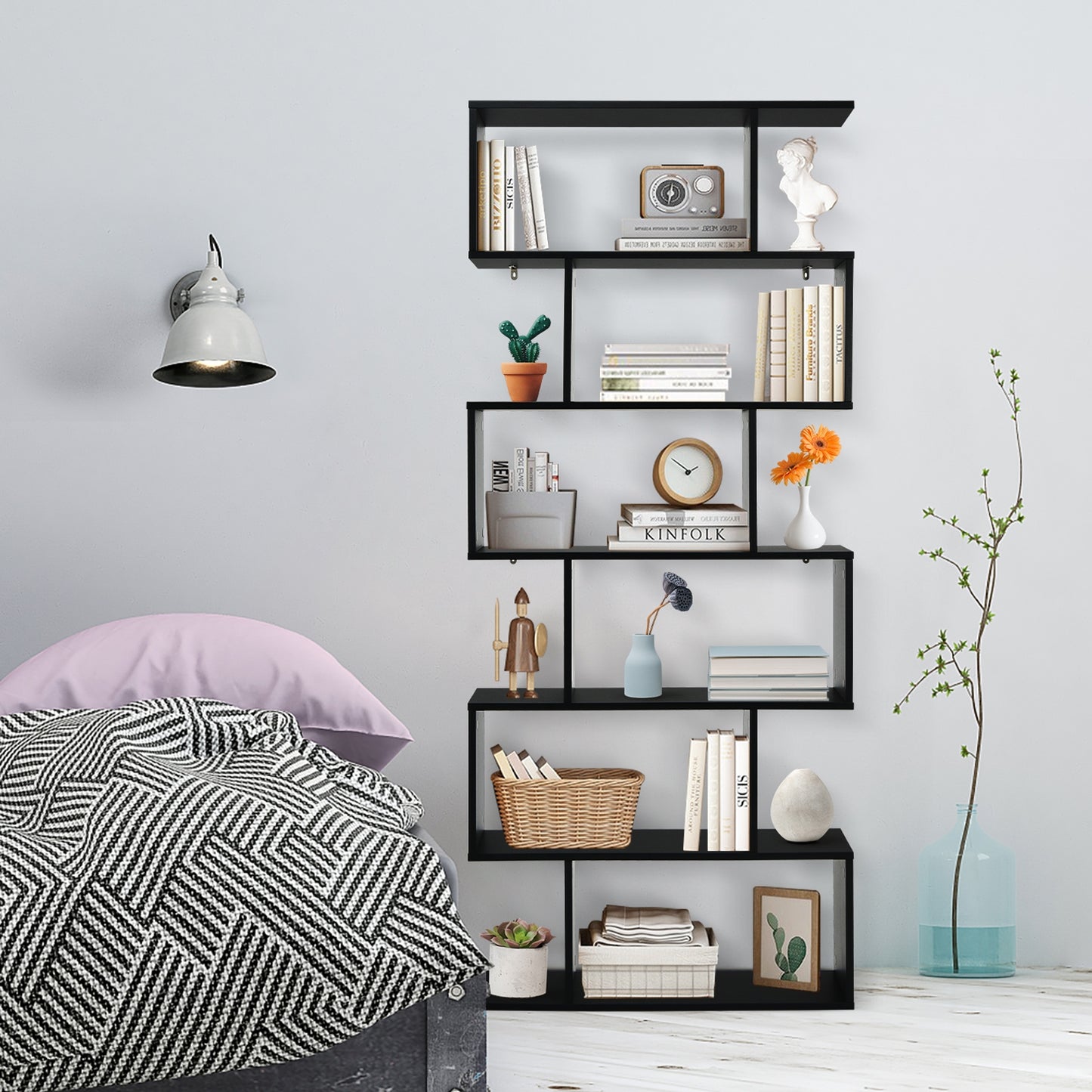6 Tier S-Shaped Bookshelf Storage Display Bookcase Decor Z-Shelf-Black Kids Crystal