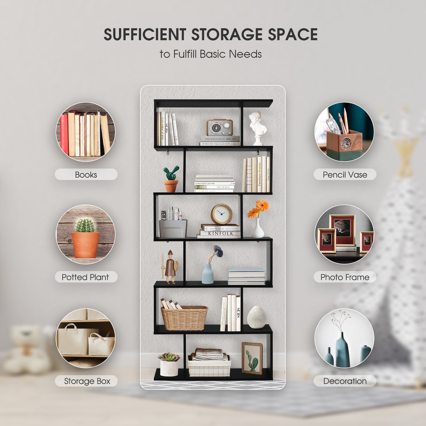 6 Tier S-Shaped Bookshelf Storage Display Bookcase Decor Z-Shelf-Black Kids Crystal