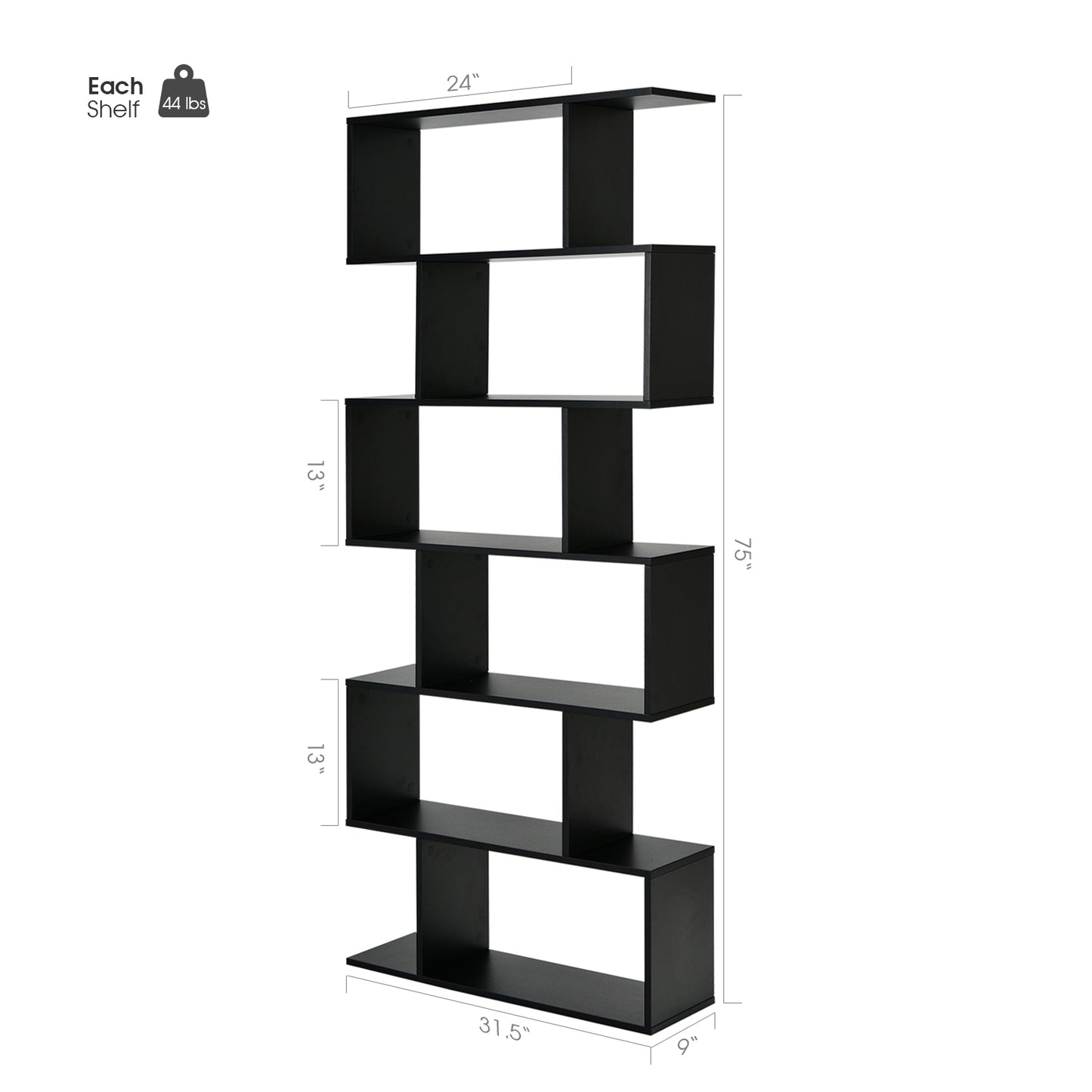 6 Tier S-Shaped Bookshelf Storage Display Bookcase Decor Z-Shelf-Black Kids Crystal