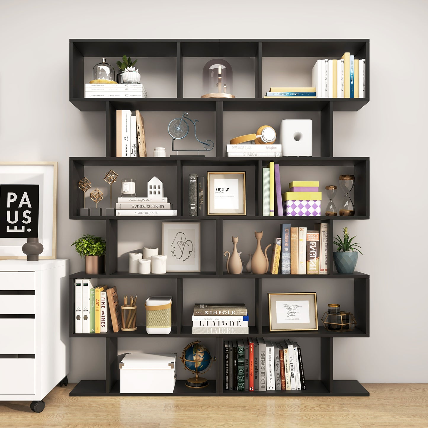 6 Tier S-Shaped Bookshelf Storage Display Bookcase Decor Z-Shelf-Black Kids Crystal