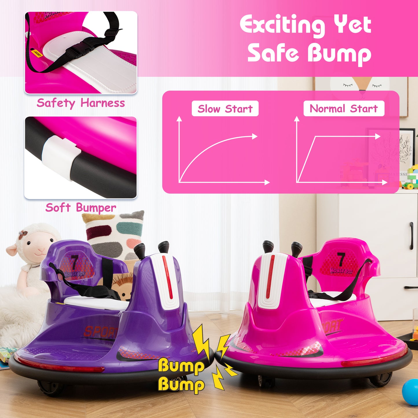12V Kids Ride On Bumper Car with Remote Control Lights and Music-Pink Kids Crystal