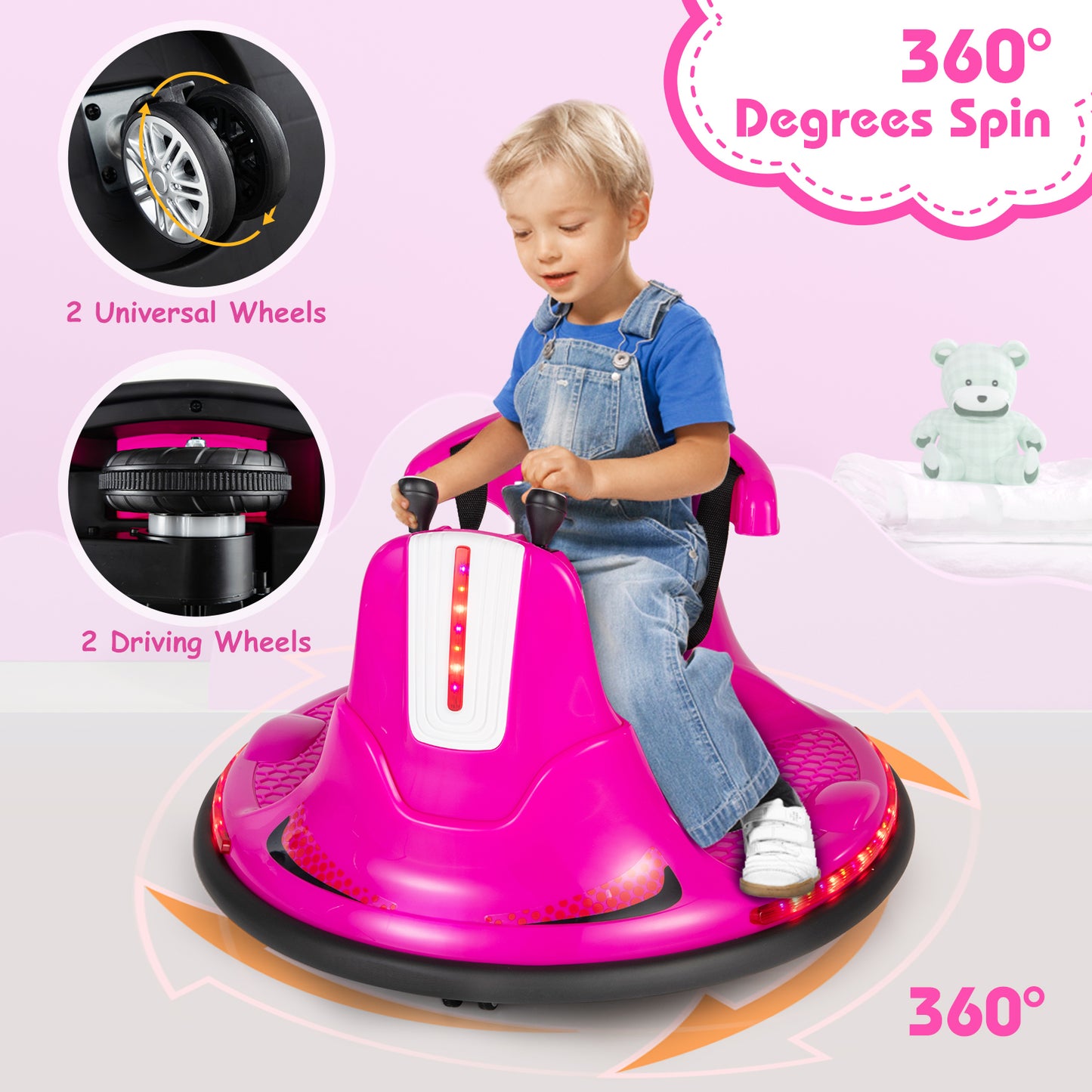 12V Kids Ride On Bumper Car with Remote Control Lights and Music-Pink Kids Crystal