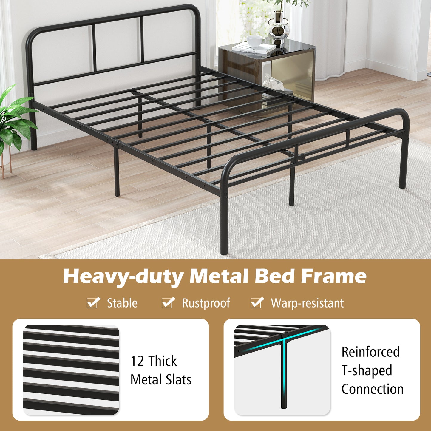 Full Bed Frame with Headboard and Footboard No Box Spring Needed-Black Kids Crystal