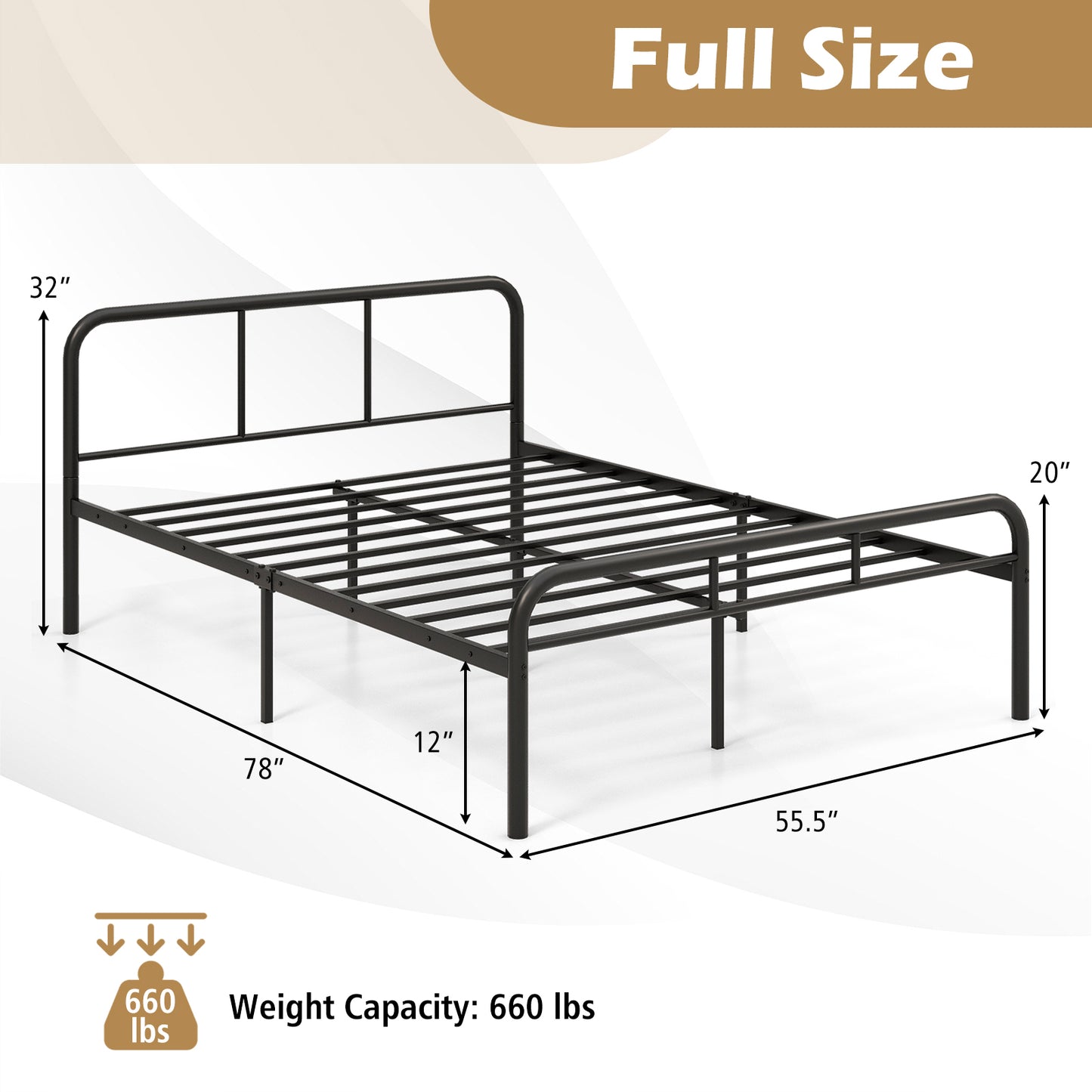 Full Bed Frame with Headboard and Footboard No Box Spring Needed-Black Kids Crystal
