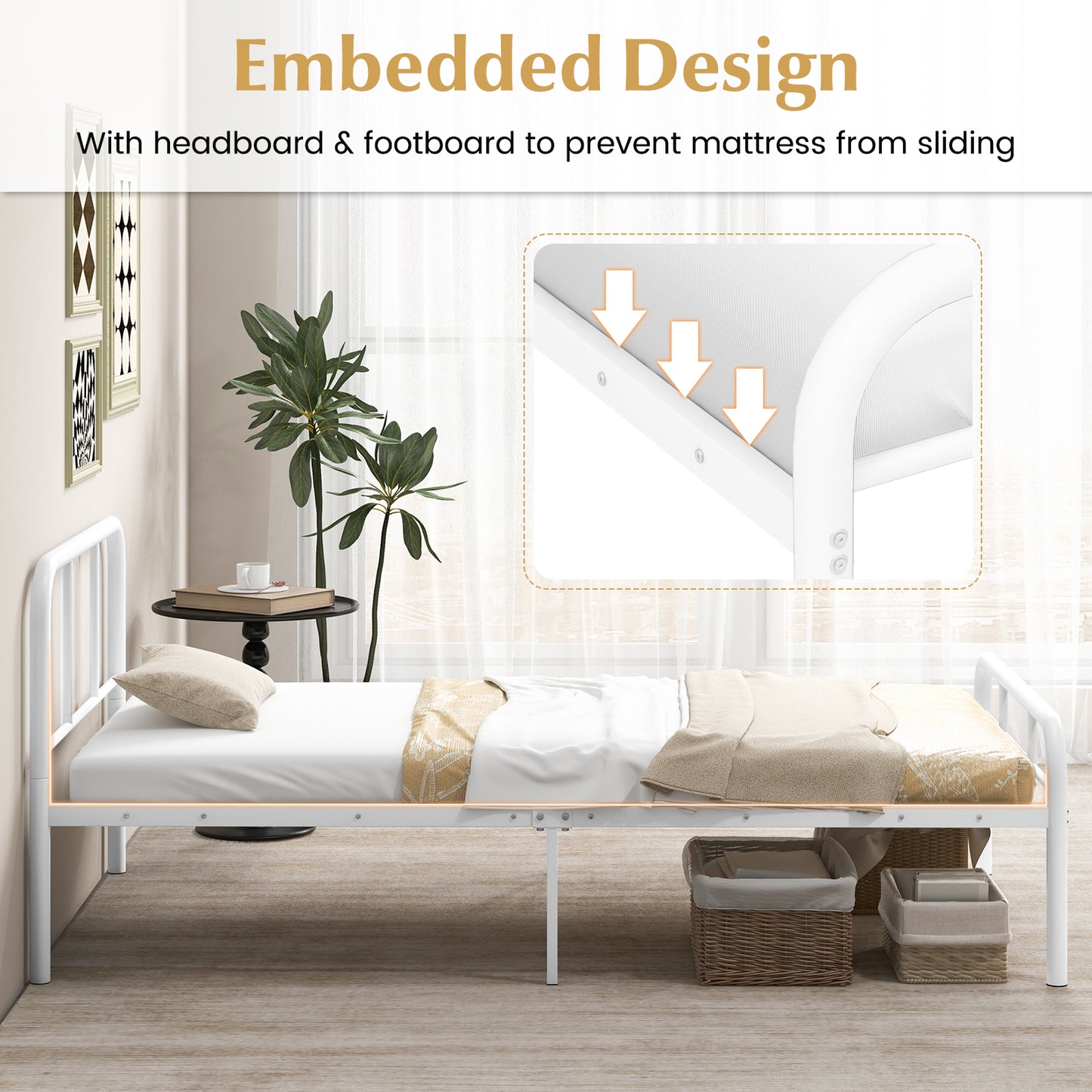 Modern Metal Platform Bed with Headboard and Footboard-White Kids Crystal