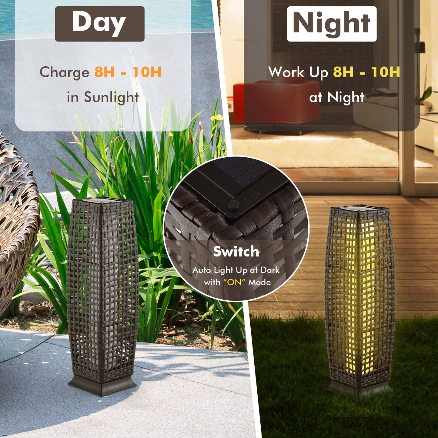 2 Pieces Solar-Powered Square Wicker Floor Lamps with Auto LED Light-Brown Kids Crystal