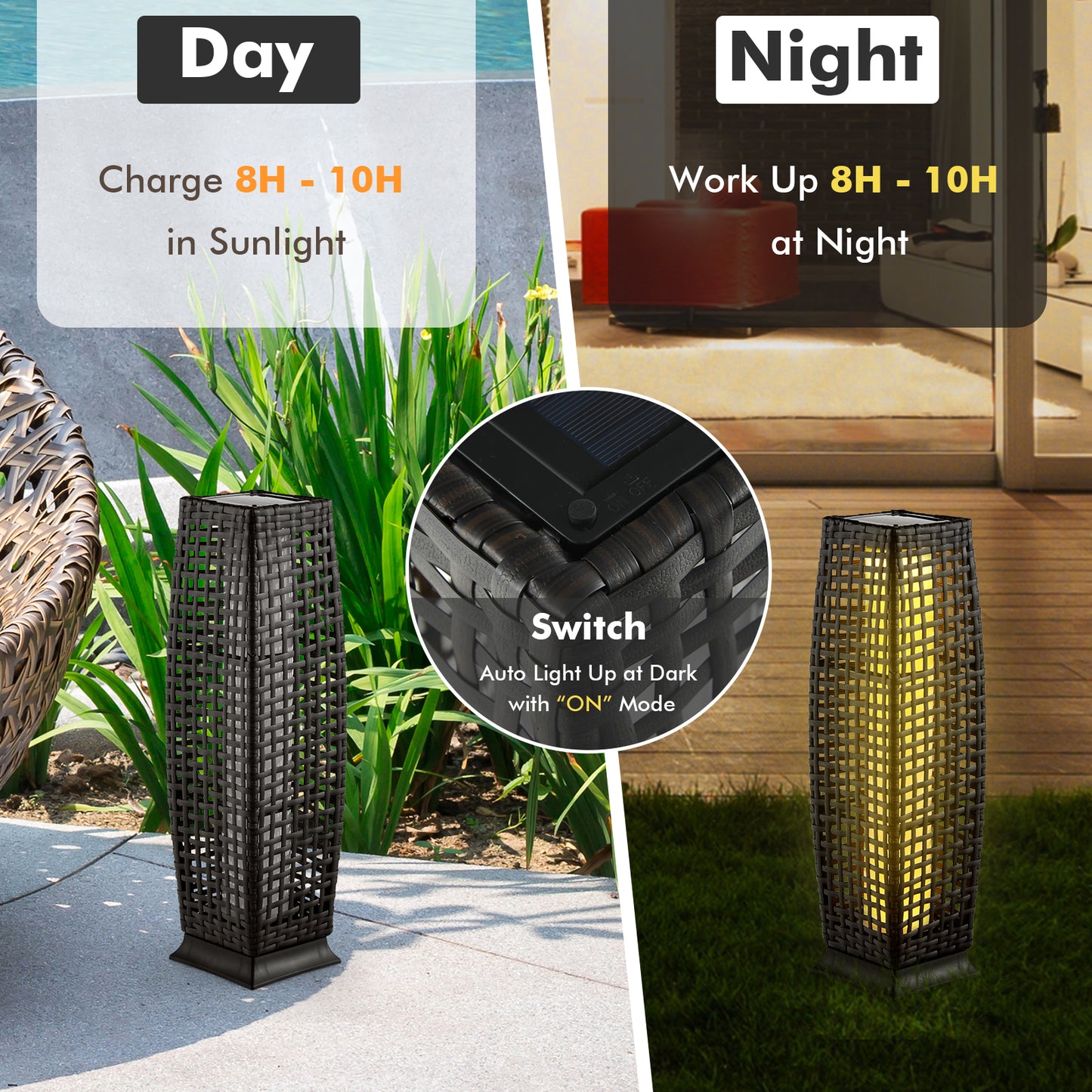 2 Pieces Solar-Powered Square Wicker Floor Lamps with Auto LED Light-Black Kids Crystal