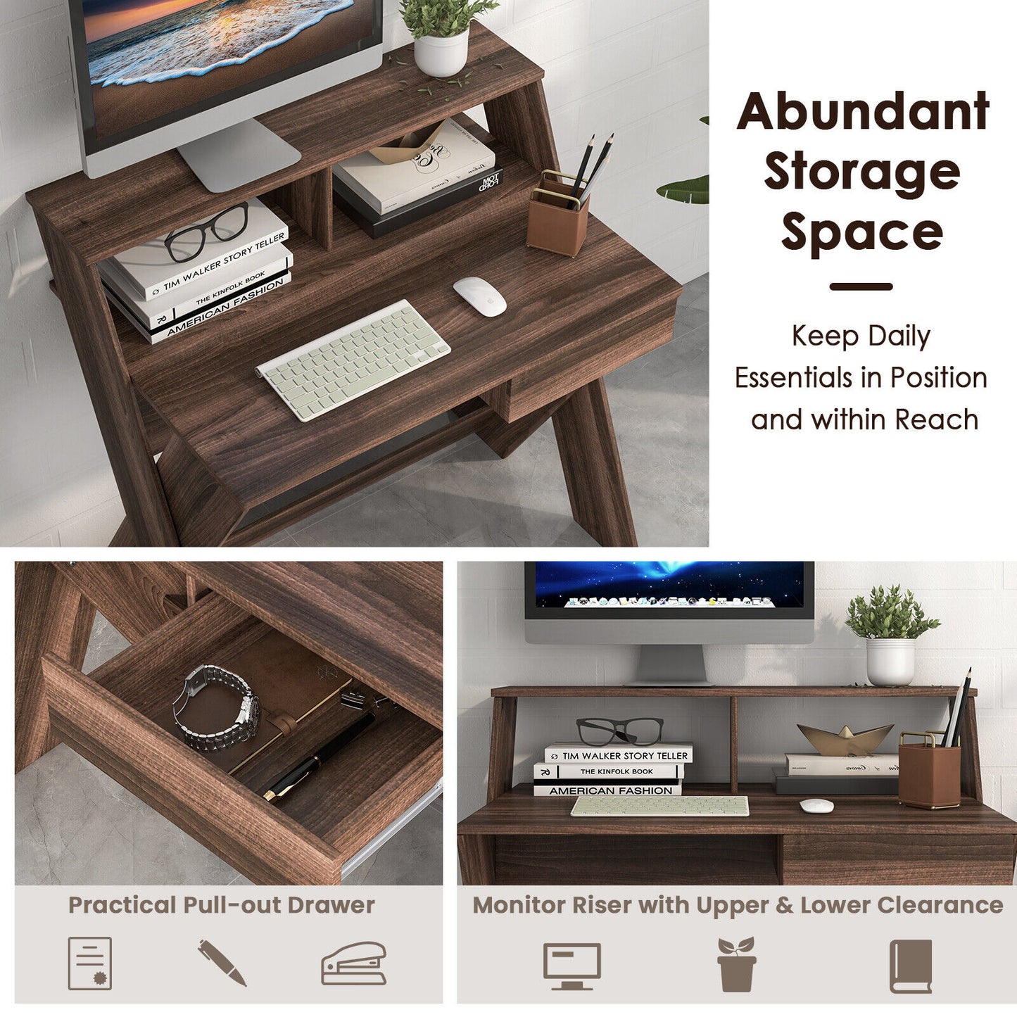 Small Computer Desk with Storage Drawer-Walnut Kids Crystal