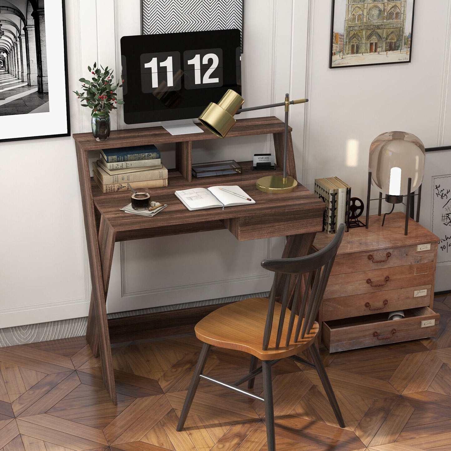Small Computer Desk with Storage Drawer-Walnut Kids Crystal