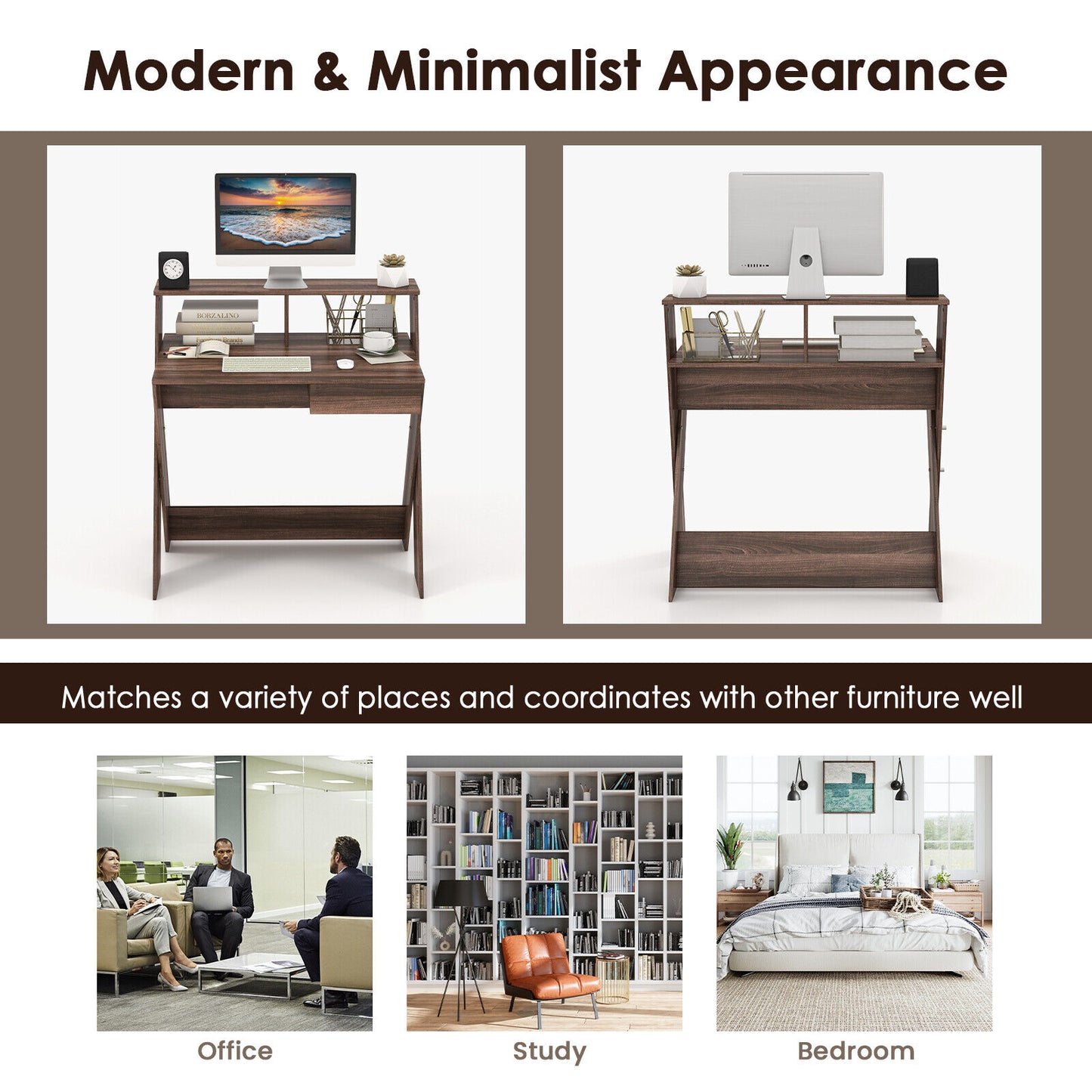 Small Computer Desk with Storage Drawer-Walnut Kids Crystal