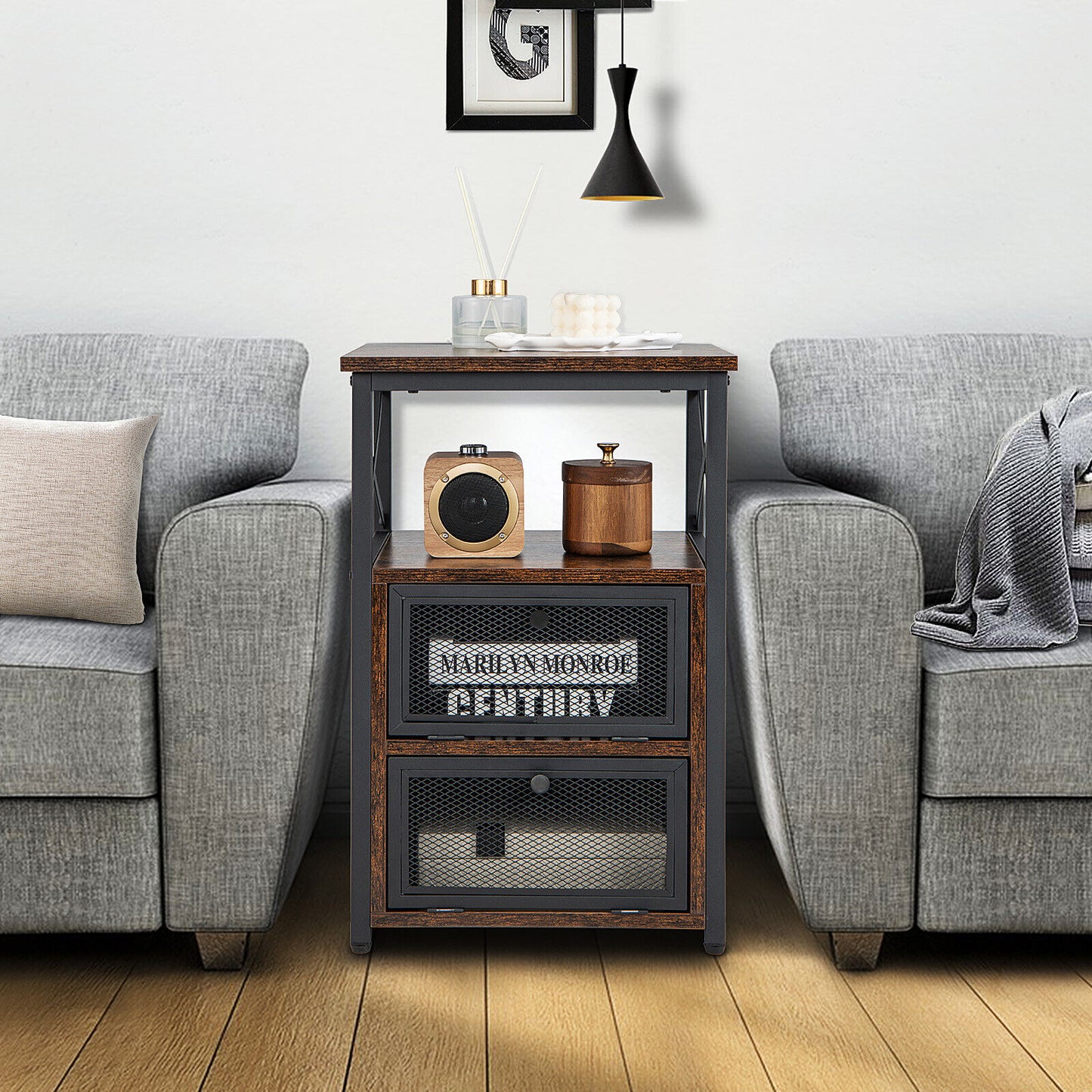 Set of 2 Modern Nightstand with 2 Flip Drawers and Open Shelf-Rustic Brown Kids Crystal