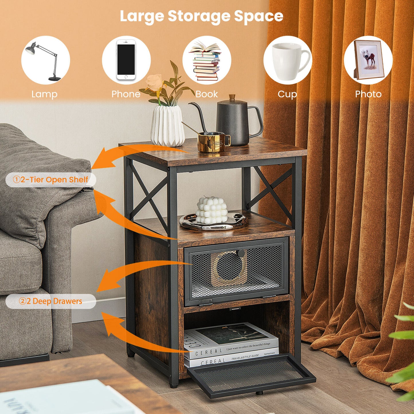 Set of 2 Modern Nightstand with 2 Flip Drawers and Open Shelf-Rustic Brown Kids Crystal