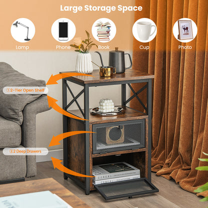 Set of 2 Modern Nightstand with 2 Flip Drawers and Open Shelf-Rustic Brown