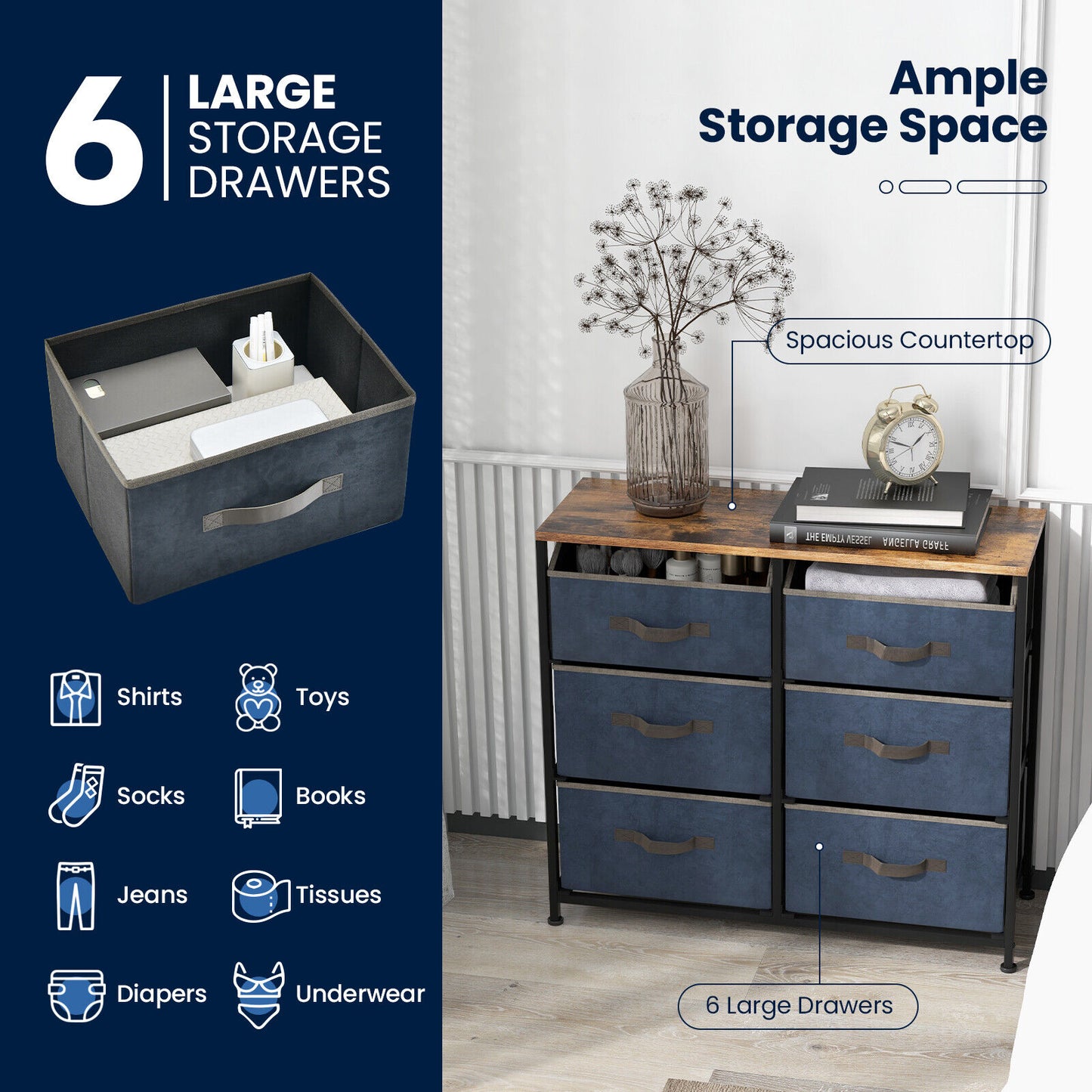 6-Drawer Dresser with Metal Frame and Anti-toppling Devices-Rustic Brown Kids Crystal