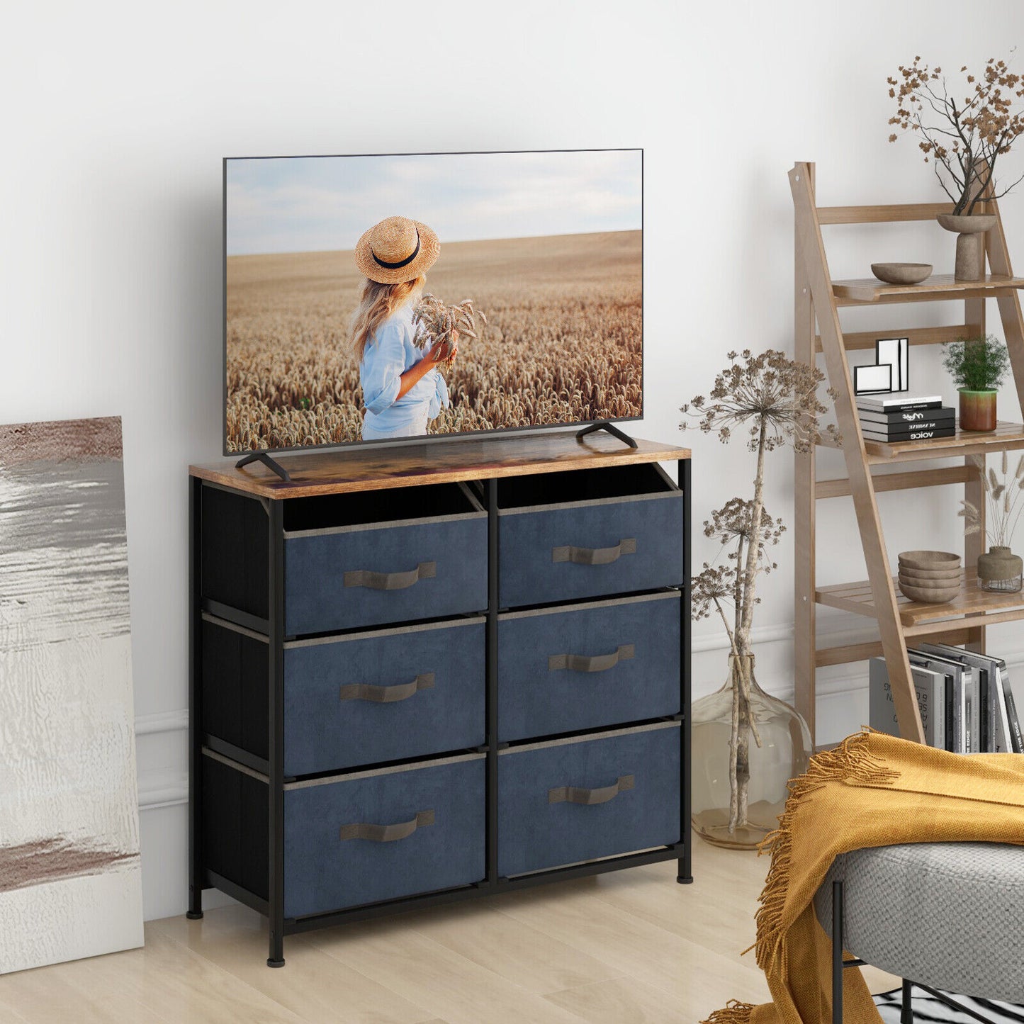 6-Drawer Dresser with Metal Frame and Anti-toppling Devices-Rustic Brown Kids Crystal