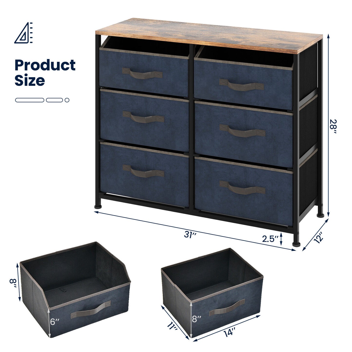 6-Drawer Dresser with Metal Frame and Anti-toppling Devices-Rustic Brown Kids Crystal