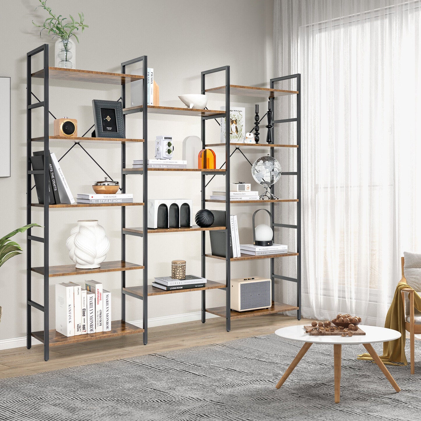 Large Triple Wide Floor Standing Bookcase Display Shelf with Metal Frame-Rustic Brown Kids Crystal