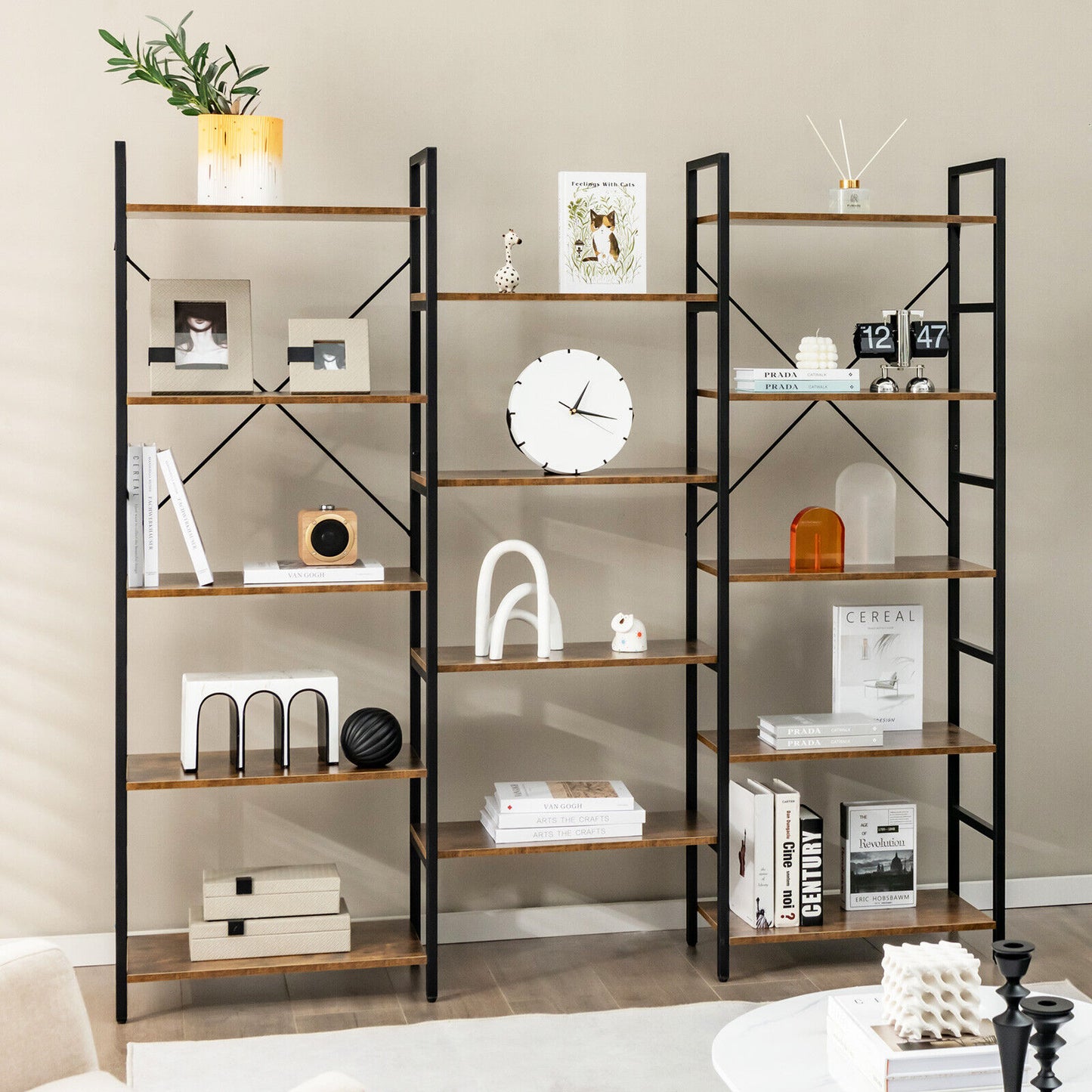 Large Triple Wide Floor Standing Bookcase Display Shelf with Metal Frame-Rustic Brown Kids Crystal