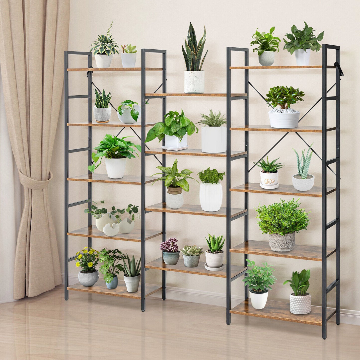 Large Triple Wide Floor Standing Bookcase Display Shelf with Metal Frame-Rustic Brown Kids Crystal