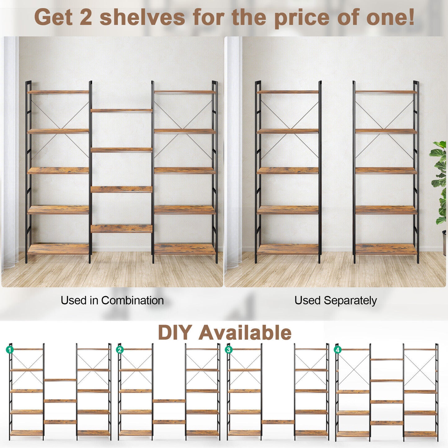 Large Triple Wide Floor Standing Bookcase Display Shelf with Metal Frame-Rustic Brown Kids Crystal