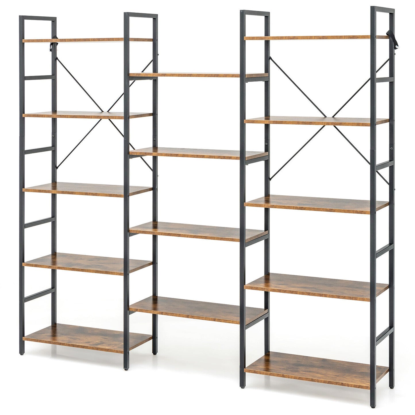 Large Triple Wide Floor Standing Bookcase Display Shelf with Metal Frame-Rustic Brown Kids Crystal