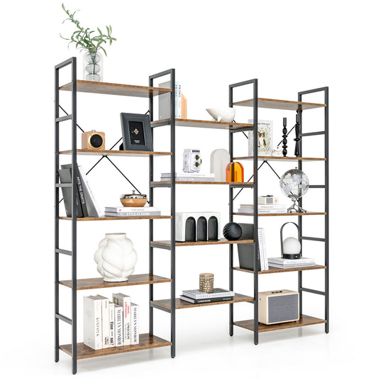 Large Triple Wide Floor Standing Bookcase Display Shelf with Metal Frame-Rustic Brown Kids Crystal