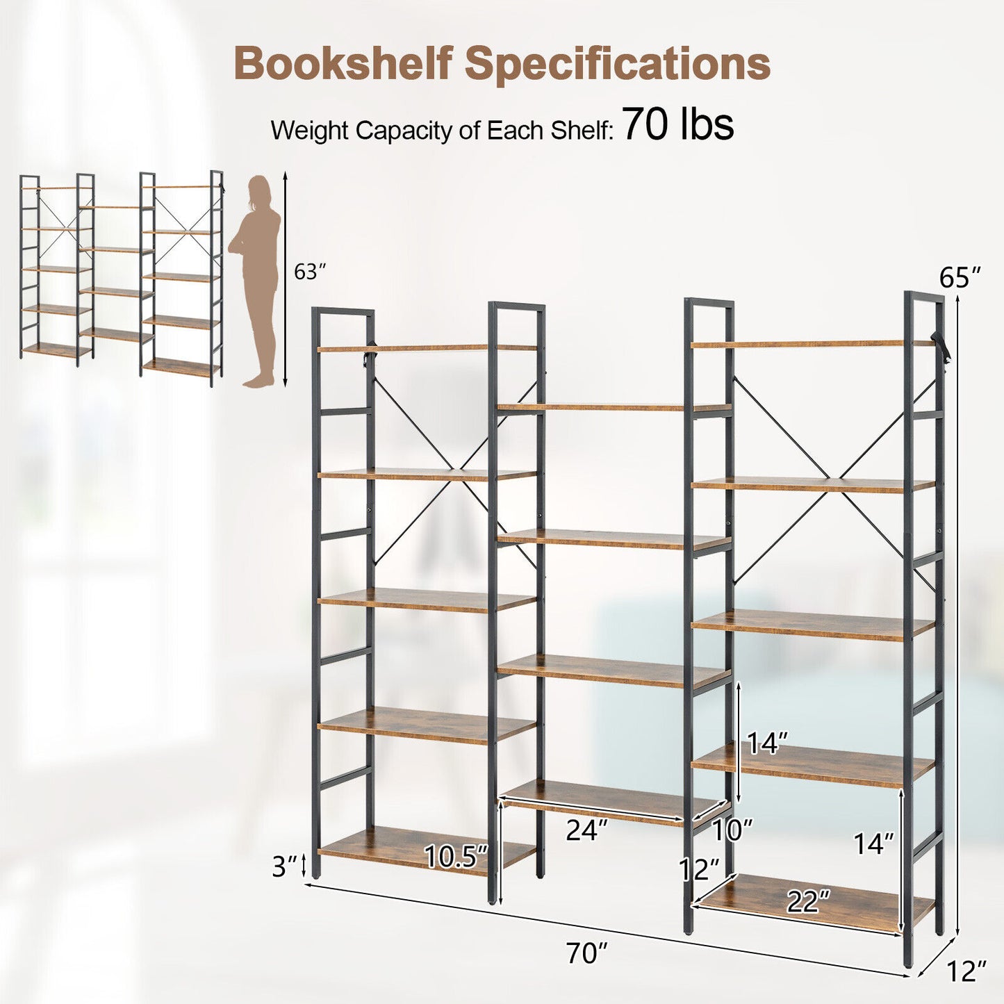 Large Triple Wide Floor Standing Bookcase Display Shelf with Metal Frame-Rustic Brown Kids Crystal
