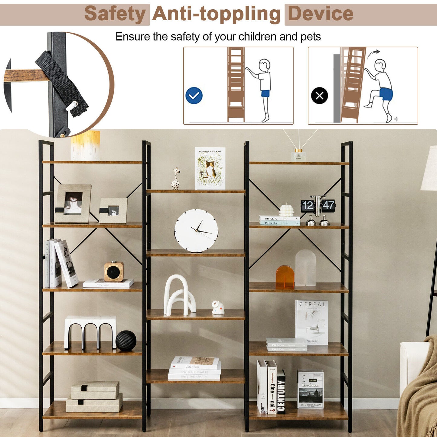 Large Triple Wide Floor Standing Bookcase Display Shelf with Metal Frame-Rustic Brown Kids Crystal