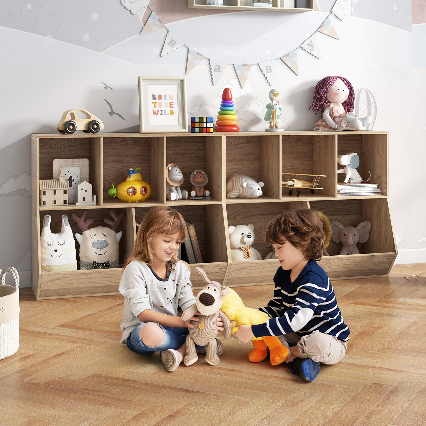5-Cube Wooden Kids Toy Storage Organizer with Anti-Tipping Kits-Natural Kids Crystal