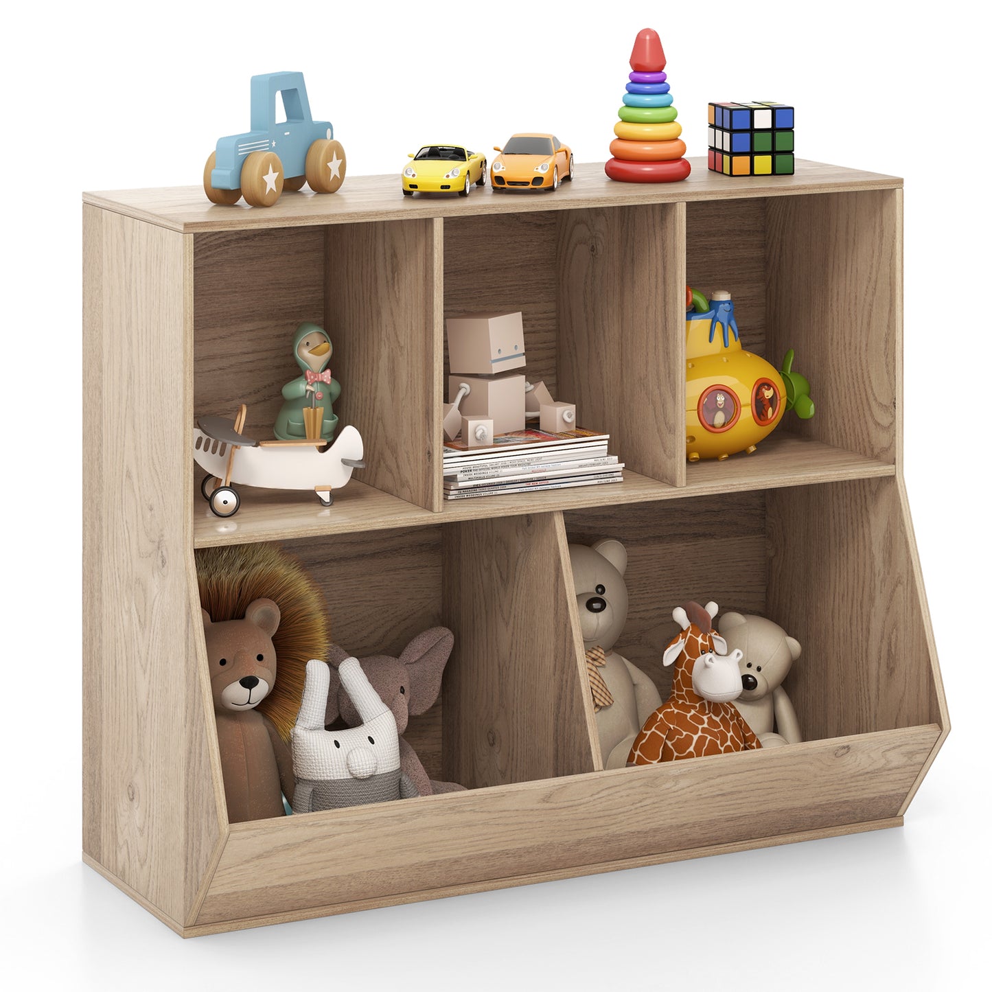 5-Cube Wooden Kids Toy Storage Organizer with Anti-Tipping Kits-Natural Kids Crystal