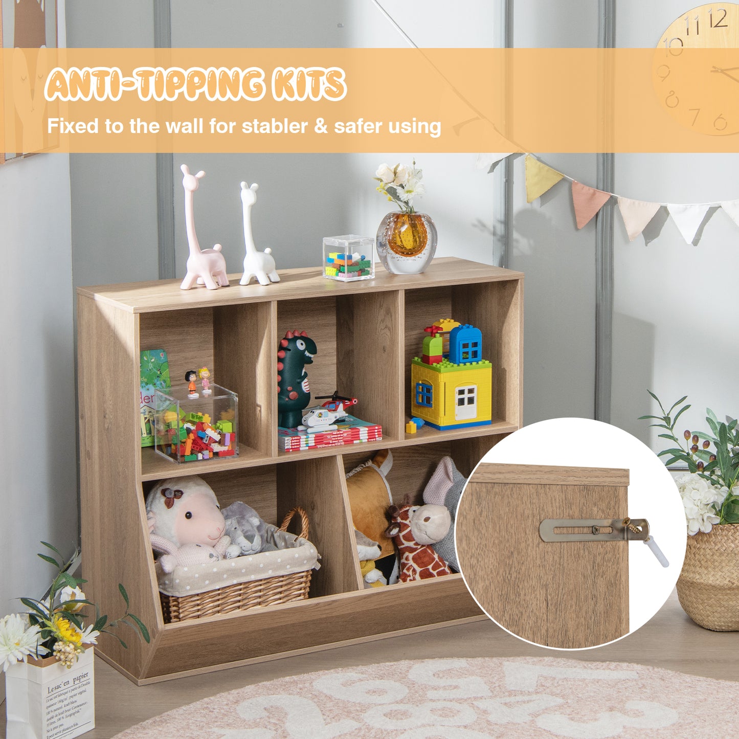 5-Cube Wooden Kids Toy Storage Organizer with Anti-Tipping Kits-Natural Kids Crystal
