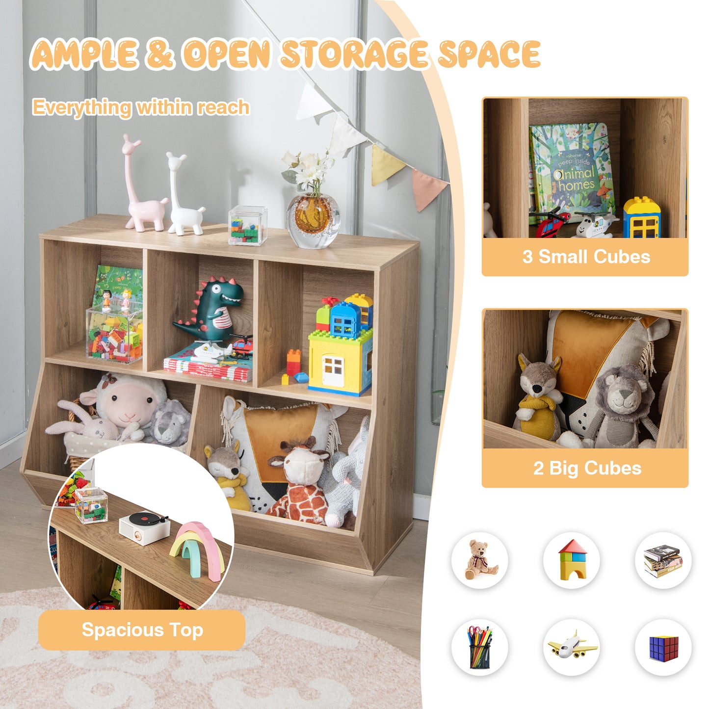 5-Cube Wooden Kids Toy Storage Organizer with Anti-Tipping Kits-Natural Kids Crystal