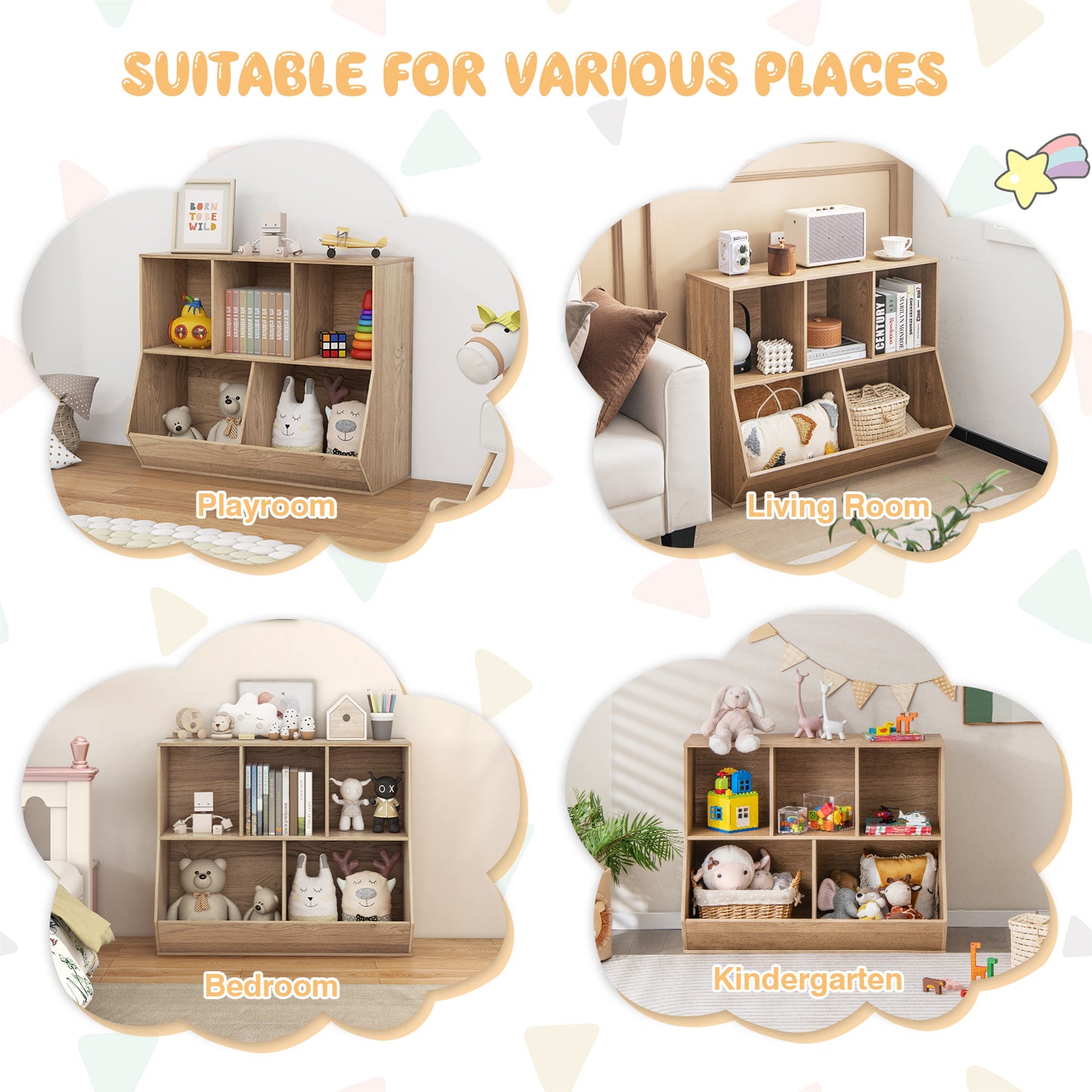 5-Cube Wooden Kids Toy Storage Organizer with Anti-Tipping Kits-Natural Kids Crystal