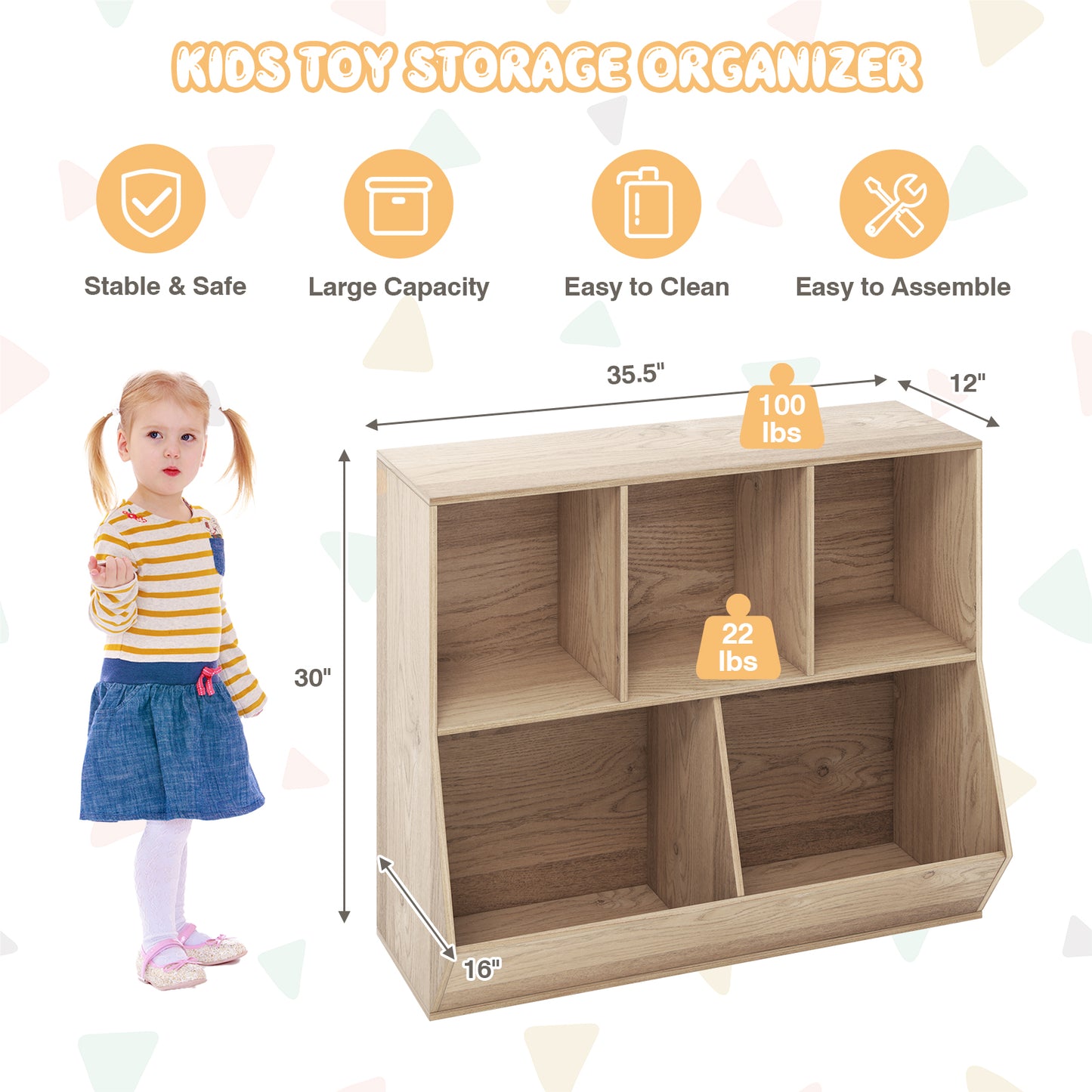 5-Cube Wooden Kids Toy Storage Organizer with Anti-Tipping Kits-Natural Kids Crystal
