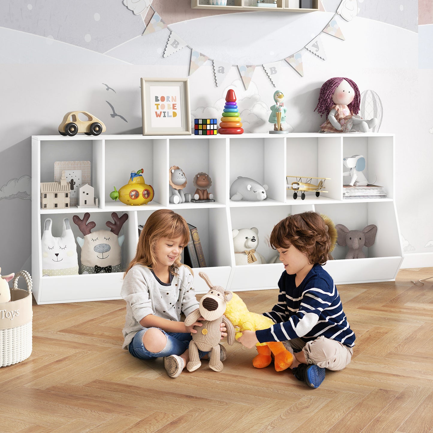 5-Cube Wooden Kids Toy Storage Organizer with Anti-Tipping Kits-White Kids Crystal