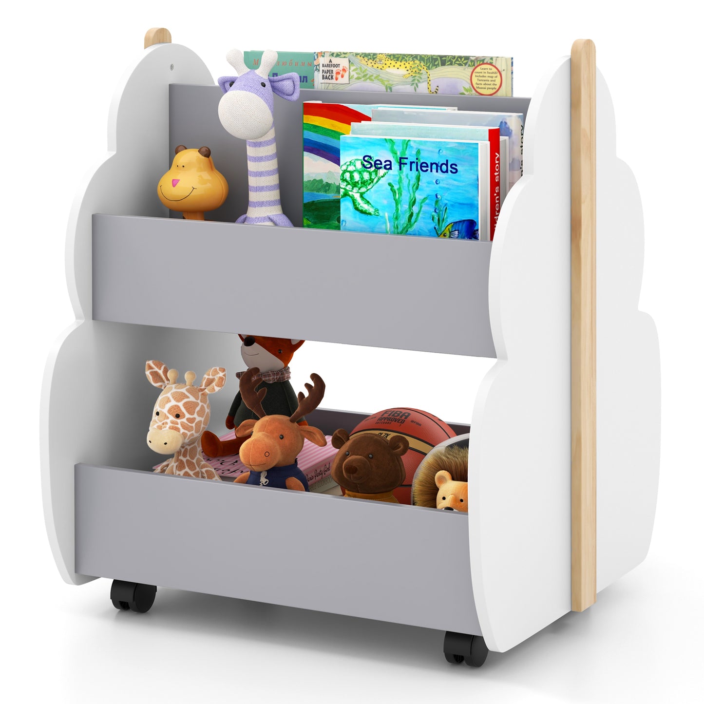 Kids Wooden Bookshelf with Universal Wheels-Gray Kids Crystal