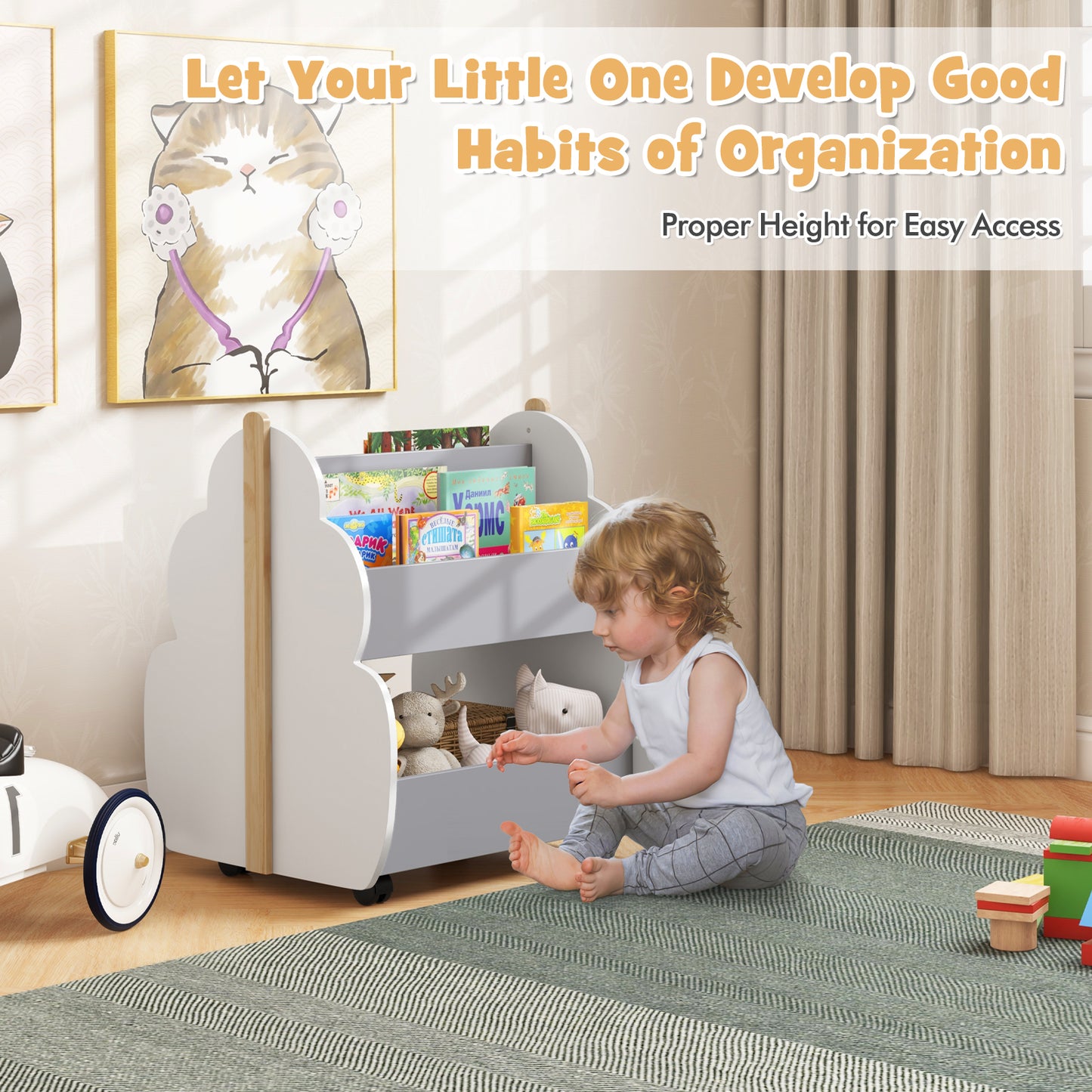 Kids Wooden Bookshelf with Universal Wheels-Gray Kids Crystal