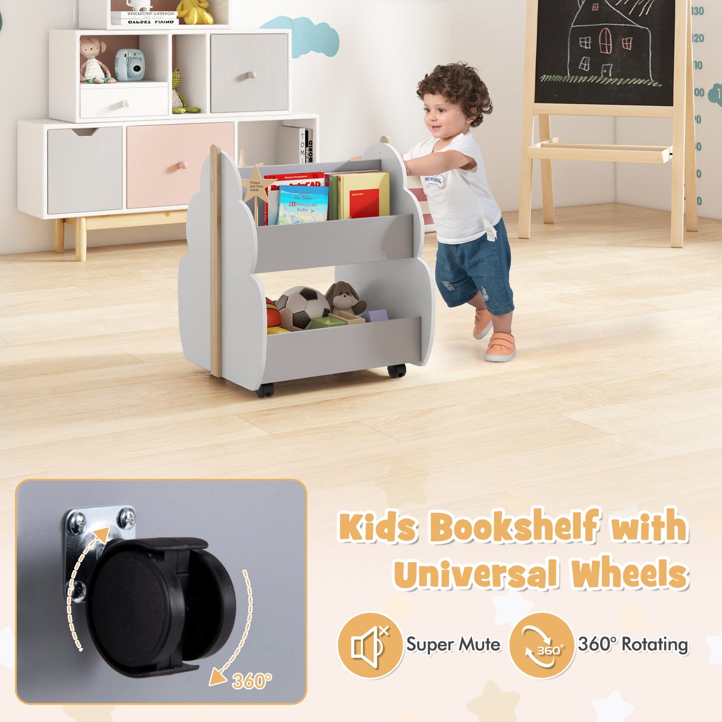 Kids Wooden Bookshelf with Universal Wheels-Gray Kids Crystal